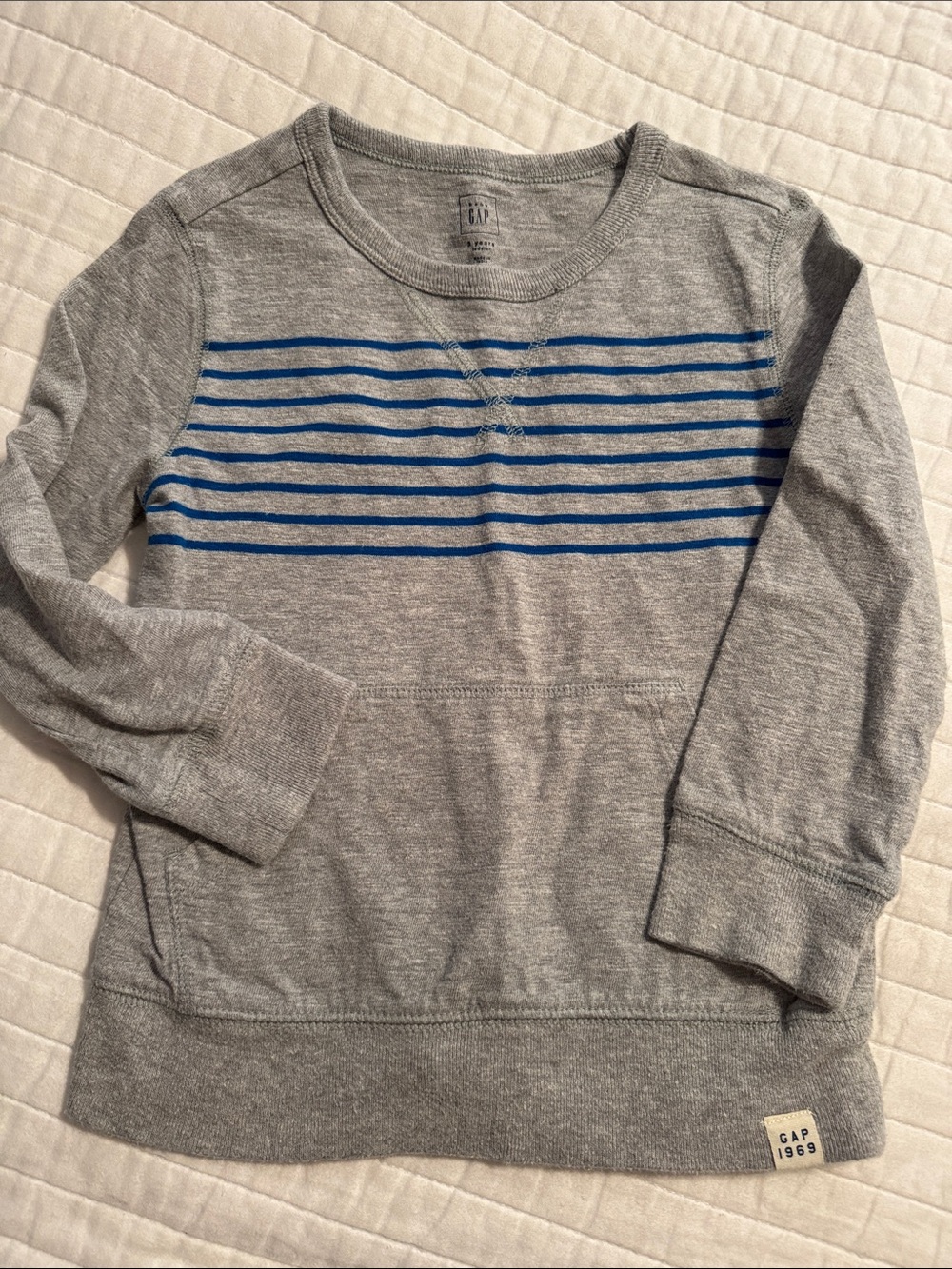 GAP Kids Heather Gray Pullover Sweatshirt with Blue Stripes